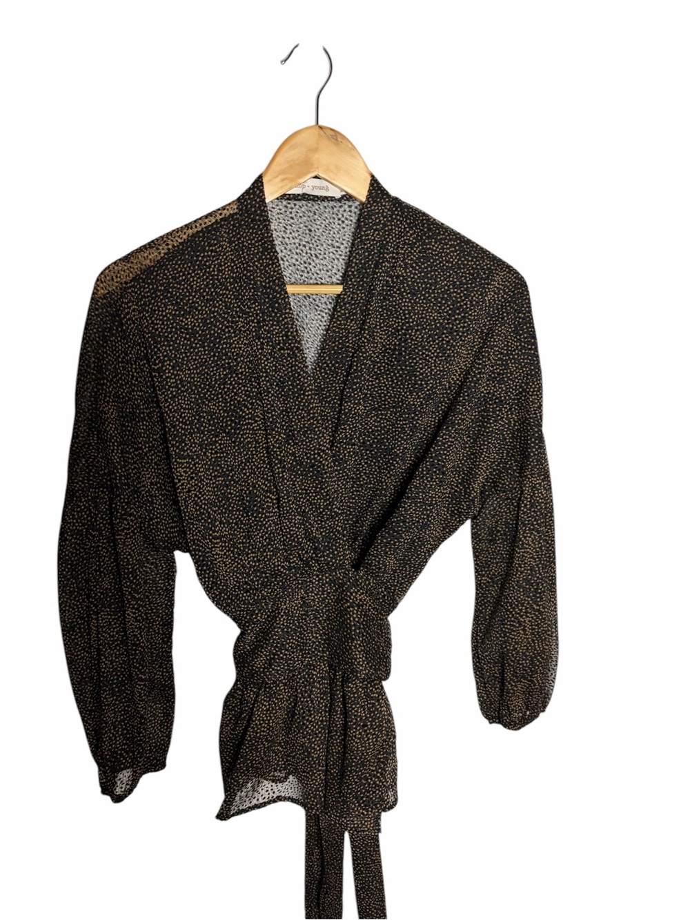 Bishop + Young black & Brown polka dot wrap v neck blouse size M